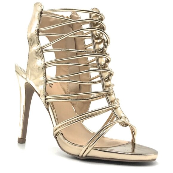 Qupid JEALOUS-18 Multi-Straps Heel Dress Sandals Champagne Shiny Metallic Size 7 - Picture 2 of 10